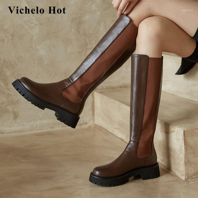 

Vichelo Hot equestrian boots real leather stretch platform round toe thick med heel slip on convenient soft knee-high boots L311, Brown