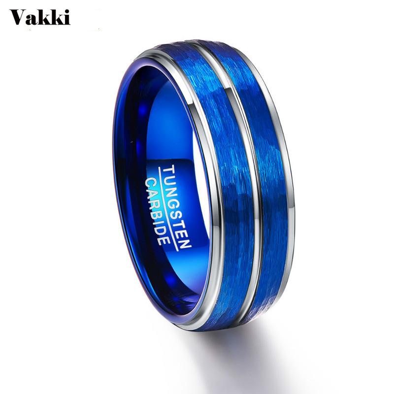 

VAKKI Men's Polished Grooved Tungsten Carbide Rings 8mm Blue Brushed Hammered Wedding Bands Step Size 7-12