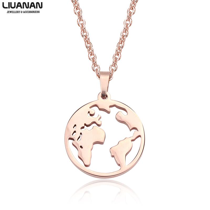 

Pendant Necklace Women Stainless Steel Jewelry Round Continents Necklace Rose Gold Silver Color Souvenir Travel Gift