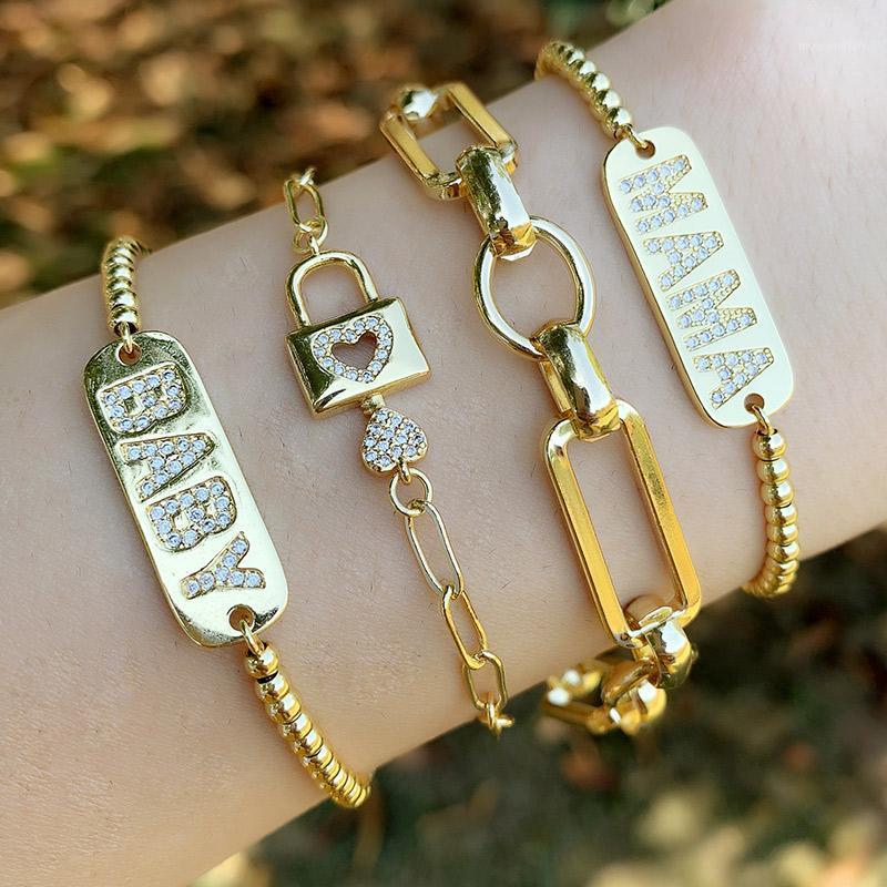 

FLOLA Gold Curb Link Chain Padlock Bracelets For Women Mama Baby Family Bracelet Charms Adjustable Zircon Trendy Jewelry brtc651