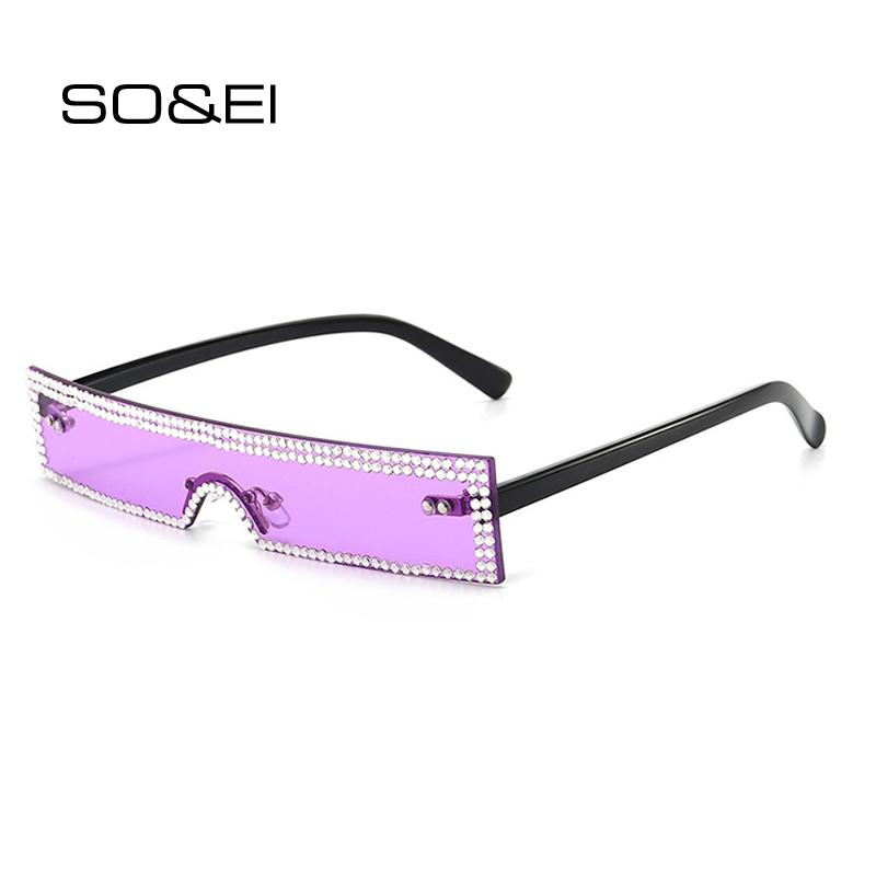 

SO&EI Fashion Small Rectangle Rimless Diamond Sunglasses Women Vintage One Piece Clear Ocean Lens Eyewear Men Shades UV400