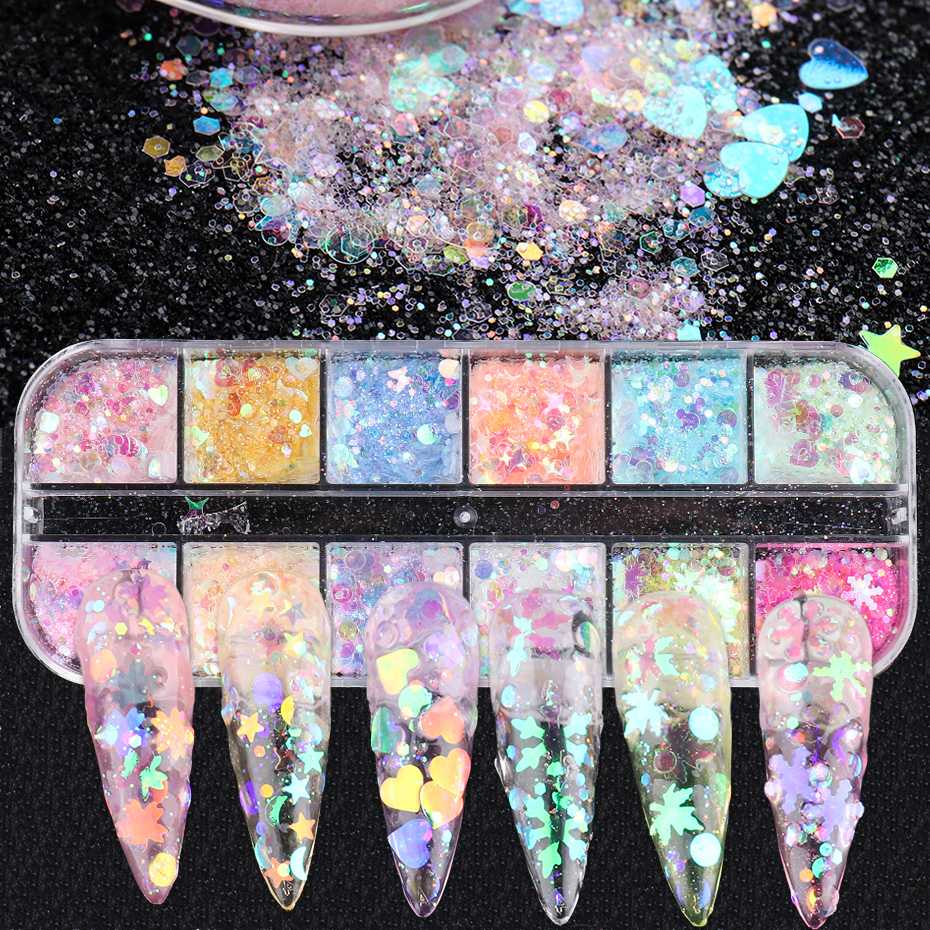

12 Grids Holographic Nail Sequins Glitter Mixed Star Moon Round Fluorescence Slice Sparkly Aurora Flake Nail Art Decoration LYTS