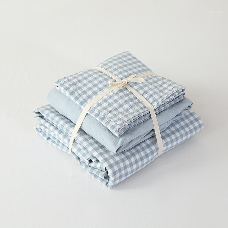 

100% Washed Cotton 4pcs Vintage Style Blue Plaid bedding set Elegant Bedroom duvet covers and Fitted Sheet1, 12