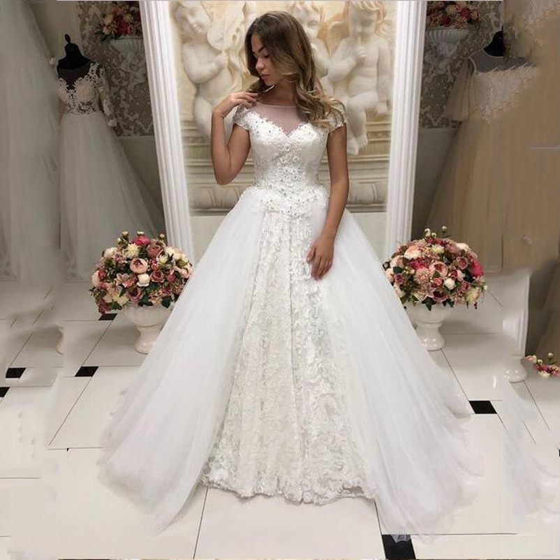 

Off Shoulder Short Sleeves Ball Gown Lace Wedding Dresses 2021 with Appliques Crystal Beaded Jewel Neck Tulle Wedding Bridal Gowns, White
