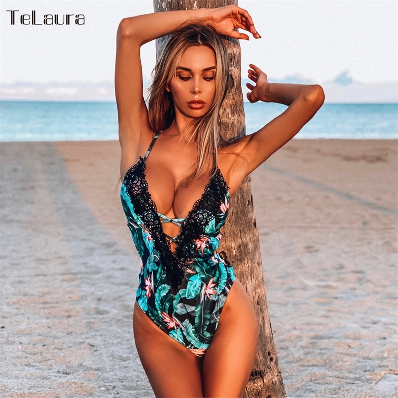 

Sexy Lace One Piece Swimsuit Women Swimwear Push Up Monokini Bandage Bodysuit Beach Wear Bathing Suit Plus Size Swimsuit Y200824, Bluefloral