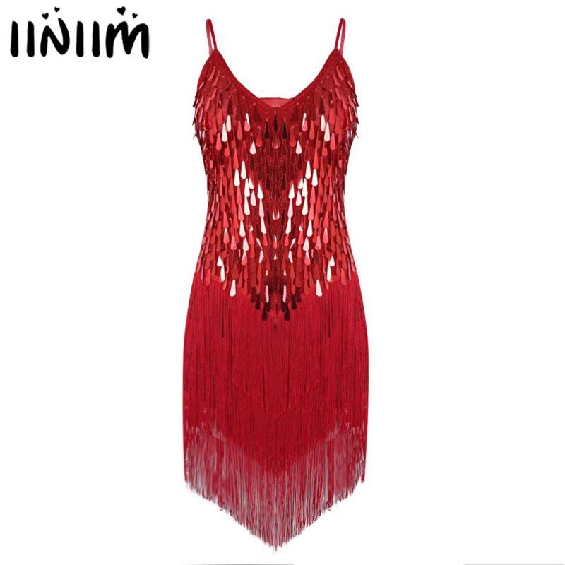 

iiniim Adult Women Spaghetti Straps Sparkling Fringe Party Lyrical Dance Costumes Dress Gowns Ballroom Samba Tango Latin Dress, Blue