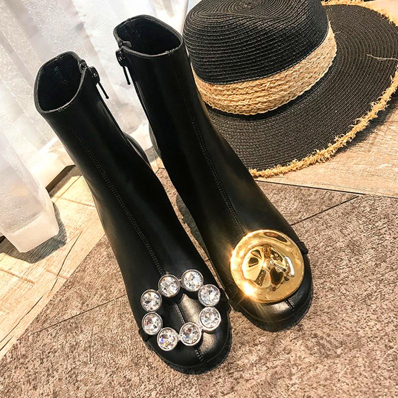 

Boots Women Shoes Woman Round Toe Buty Damskie Square Heels Botas Mujer Side Zipper Sapato Feminino Rhinestone Solid Bottes, Plush lining