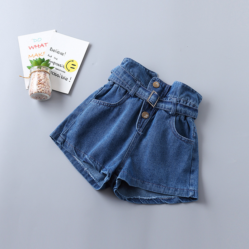 

2021 Summer New Arrivel Girls Denim Shorts Autumn Mid-waist Belt Pants for Kids Children Clothes 2-6 Years Old 7z5w, Black