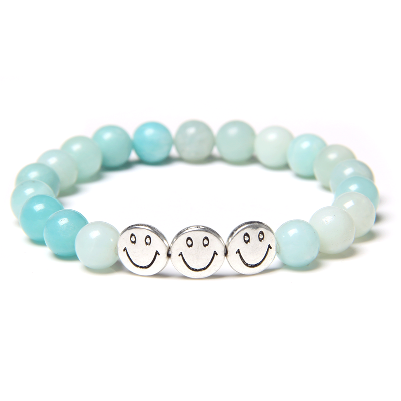 

Smile Bracelets For Women 8 mm Amazonite Stone Beads Bracelet Handmade Elastic Pulsera Silver Color Charm Bangle Men Jewelry