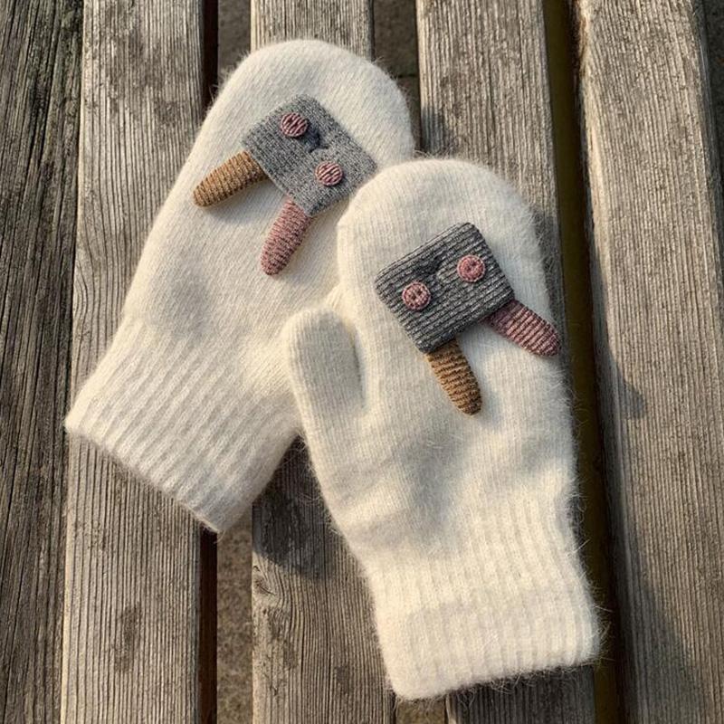 

Korean Fashion Female Fur Plus Velvet Thicken Students Winter Cycling Warm Mitten Cute Cartoon Wool Knit Glove H12