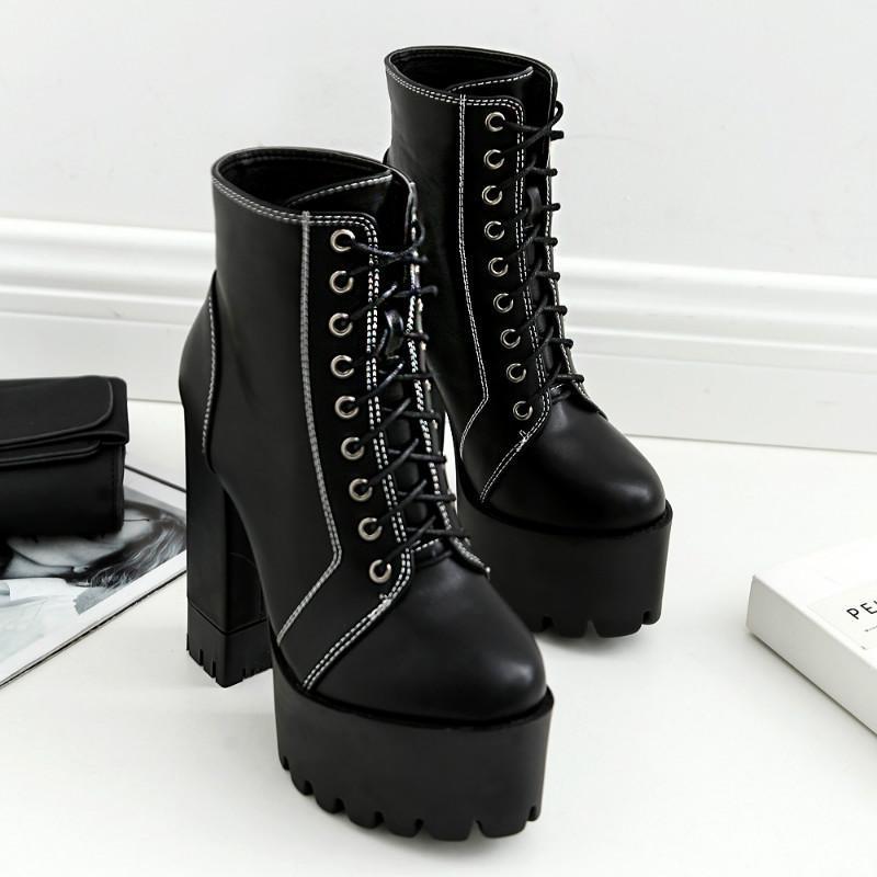 

Boussac Black Punk Sewing High Heel Motorcycle Boots Women Round Toe Platform Goth Boots Women Thick Heel Ankle for1