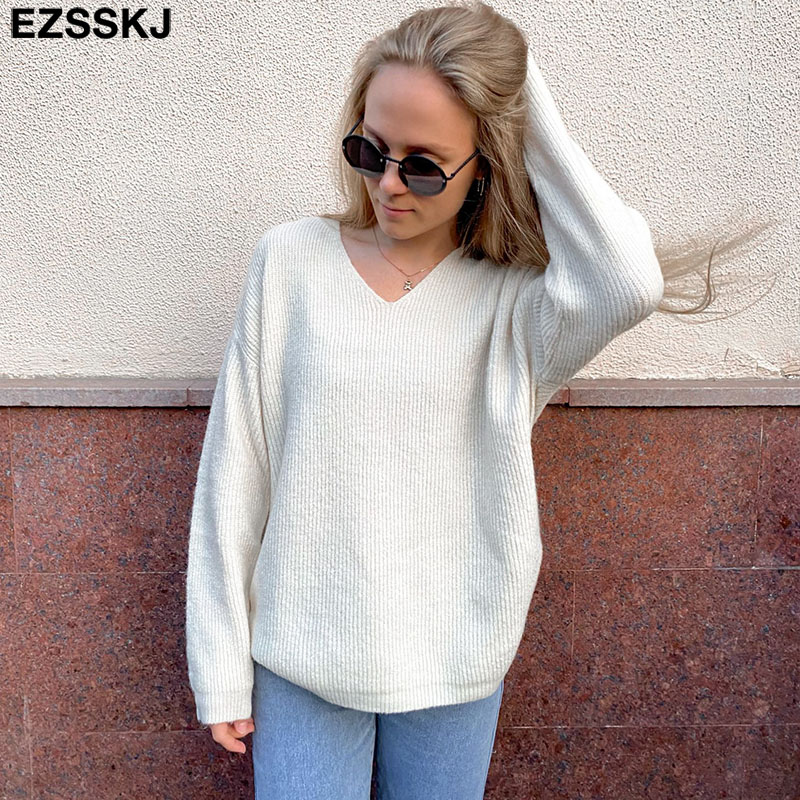 

Basic Thi Loose v-ne oversize Sweater Pullover Women Autumn winter Casual long Sleeve Sweater For women Chic Jumpers top, Default color