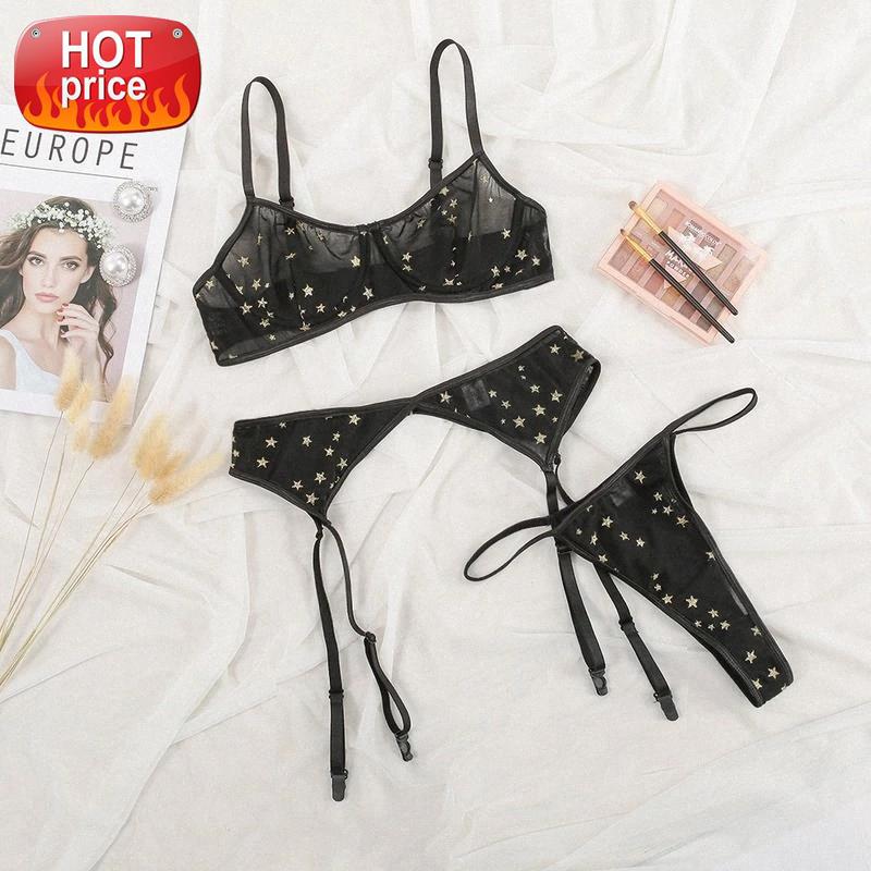 

Cute Japanese Sexy Perspective Bras and Panty Sets for Women Lace Underwear Transparent Bra Panties Garter Set Star Print Black #Uk4T, Black;white