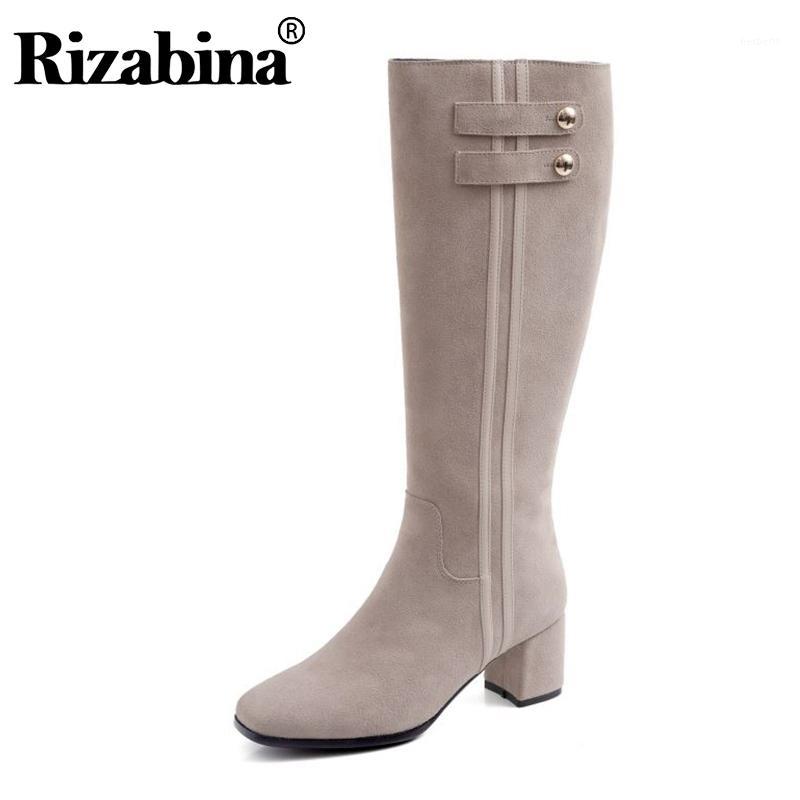 

RIZABINA Real Leather Women Knee High Boots Side Zipper Round Toe Thick Heels Shoes Winter Warm Women Footwear Size 33-401, Khaki