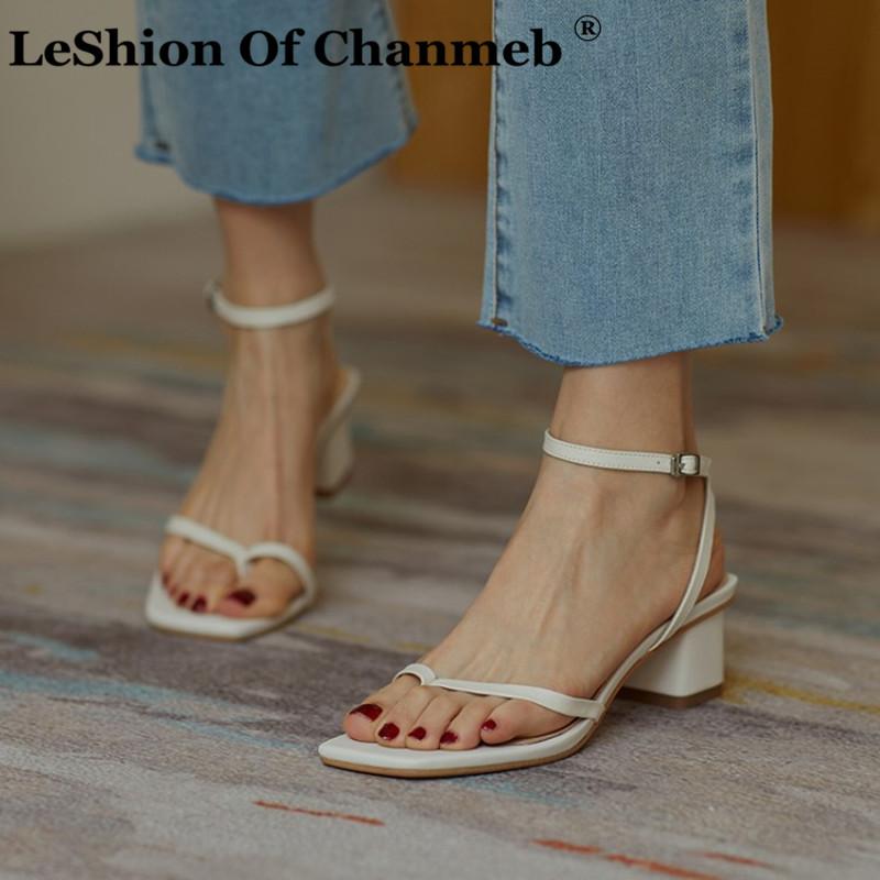 

LeShion Of Chanmeb High Quality Natural Cow Leather Sandals Women Ankle Strap Buckled Square Peep Toe Beige Sandals Heeled Shoes