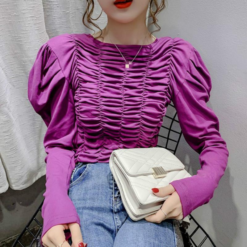 

New Puff Sleeve Women Sexy Tops Korean Solid Pleated Slim Fit O-neck Spring Autumn Elegant Short T-shirt Vintage Clothes Woman, Purple