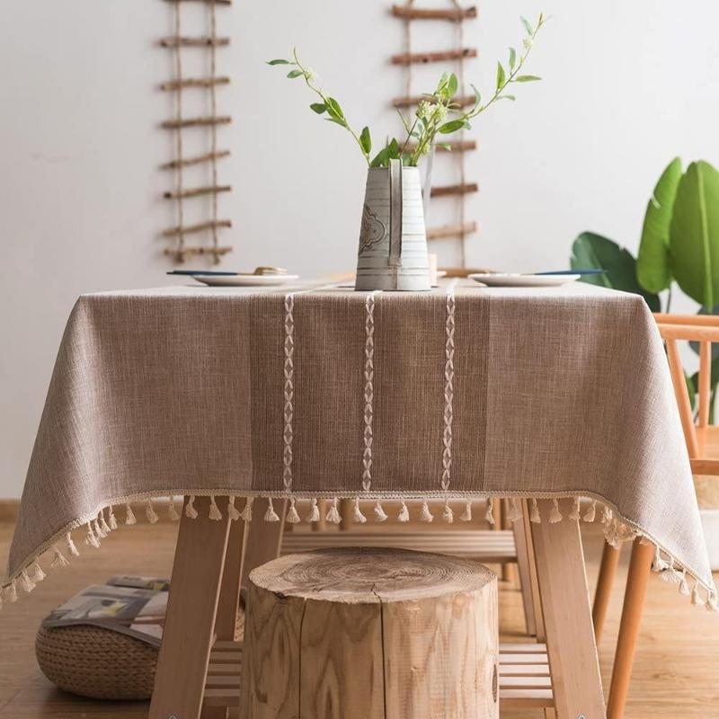 

Stitching Tassel Tablecloth Heavy Weight Cotton Linen Fabric Dust-Proof Table Cover for Kitchen Dinning Tabletop Decoration