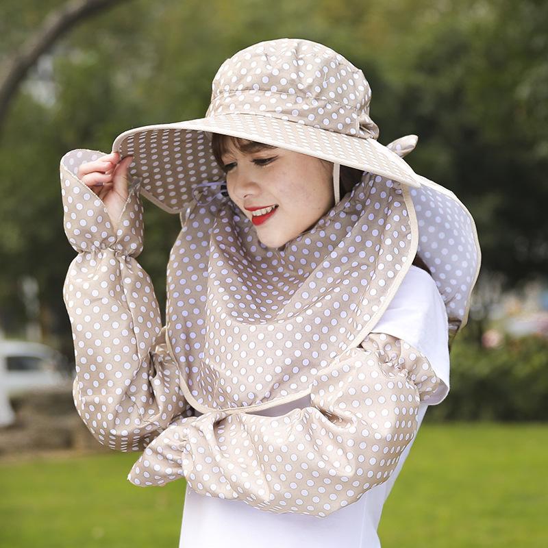

New Women Ladies Summer Face Neck Sun UV Protection Polka Dots Printing Cap+Arm Warmers Sleeve Gloves Sun Hat ZFS0561, Blue