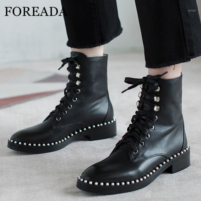 

FOREADA Real Leather Ankle Boots Platform Med Heel Woman Boots Pearl Lace Up Short Block Heel Female Shoes Autumn Winter1, Black flock