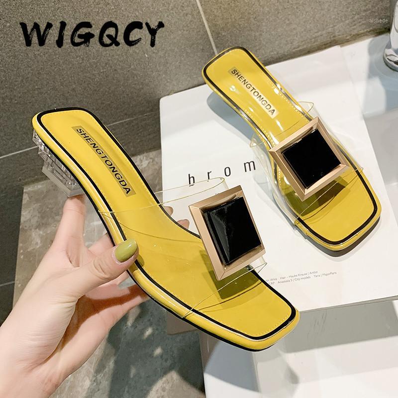 

Fashion Square Buckle High Heels New Summer Shoes Woman Metal Transparent Square Mid Heel Mules Shoes Female Open Slippers Women1, Green
