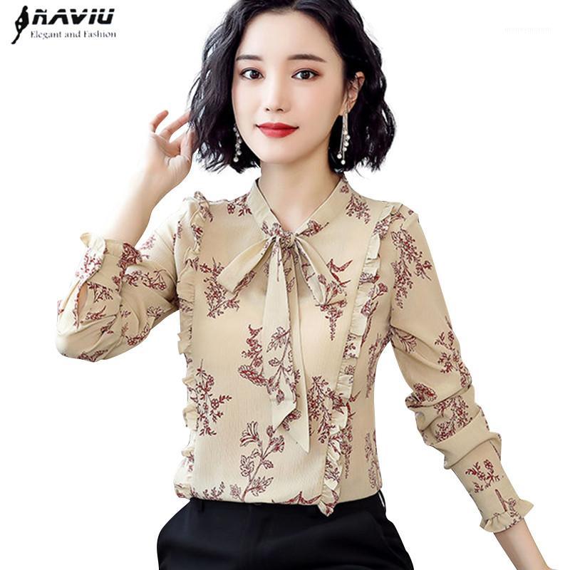 

2019 Spring autumn new chiffon women shirt fashion elegant bow long sleeve formal floral blouses office ladies work tops1, Red