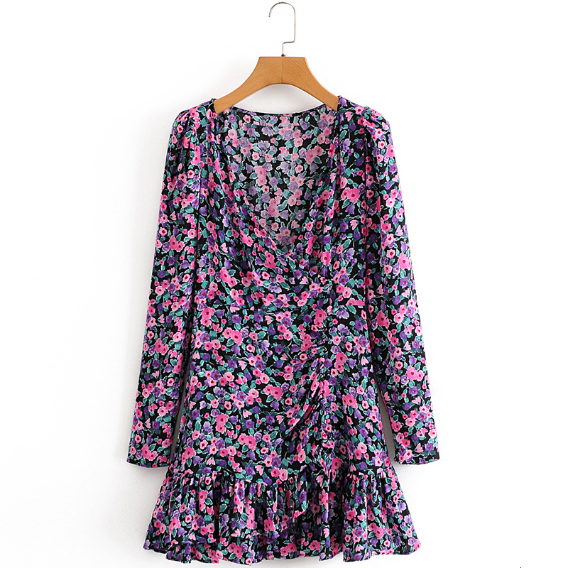 

2021 New Women Autumn Floral Print Ruffles Long Sleeve Mini Winter Purple v Neck Casual Wrap Street Party Vestidos 3zb5