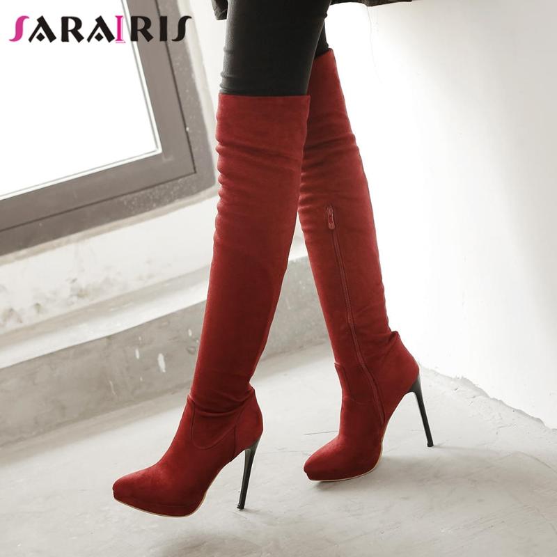 

SARAIRIS Autumn New Ladies Sexy Slim Boots Thigh High Boots Women Pointed Toe Thin High Heels Zipper Over The Knee Shoes Woman, Red