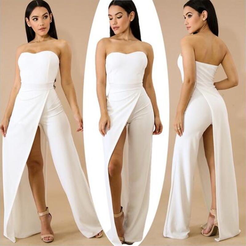 

Summer Women Elegant Solid Split Jumpsuit Sexy Women Sleeveless Jumpsuit Fashion Tube Top Split Asymmetric Wide Leg, White