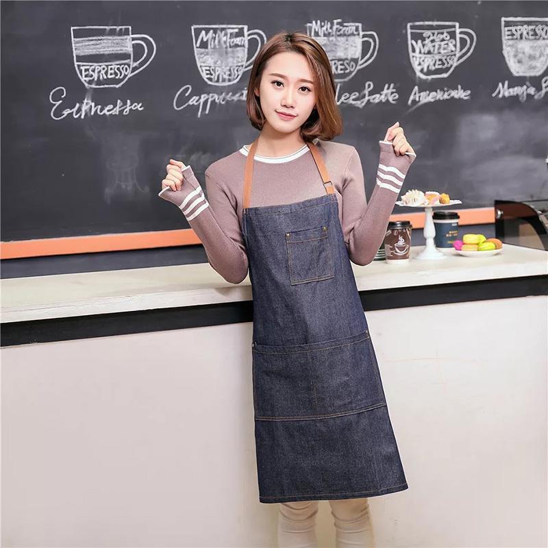 

New Fashion Antifouling Kitchen cooking Denim apron for Woman and man Restaurant work apron adult apron51