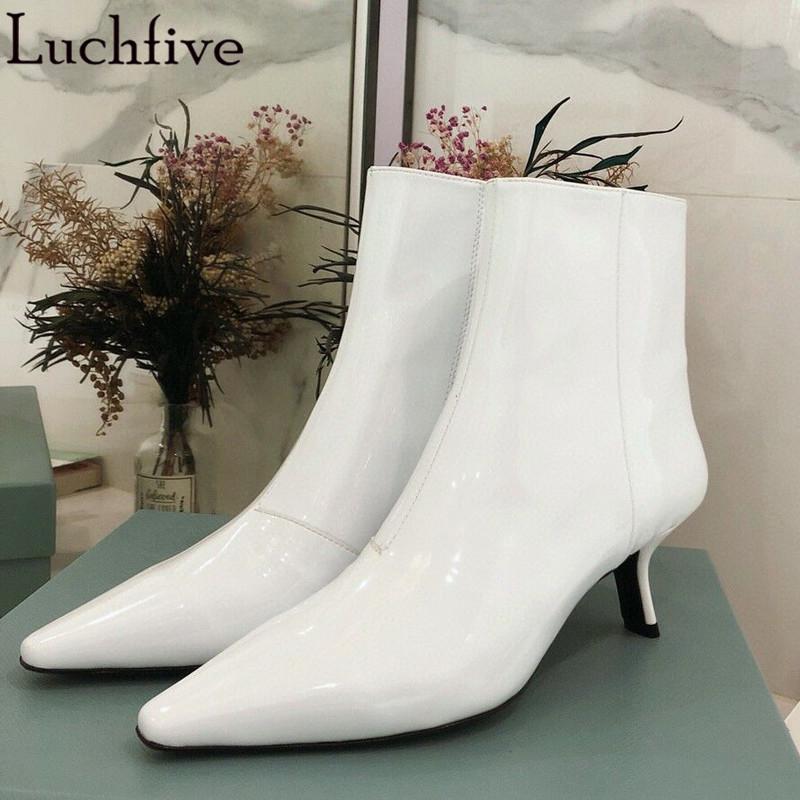 

Patent Leather Boots For Women Pointy Toe Ladies Shoes Sexy Kitten Heels Ankle Boots White Black Femme