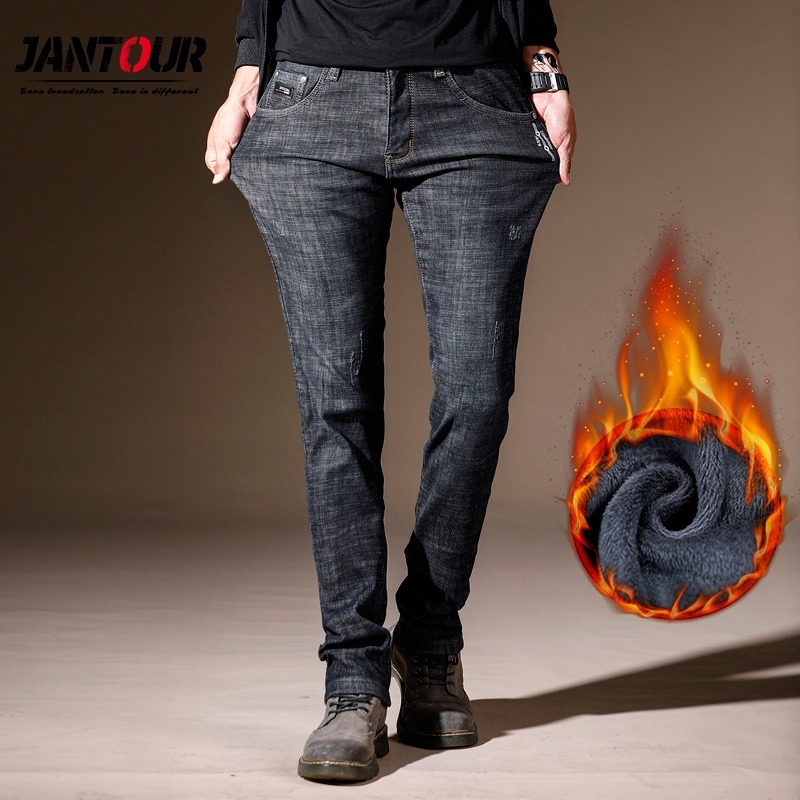 

New Winter Men's Warm Fleece Jeans men Stretch Casual skinny Thick Denim Flannel Jean Soft Black Brand Pant Trousers male 201120, Blue gray