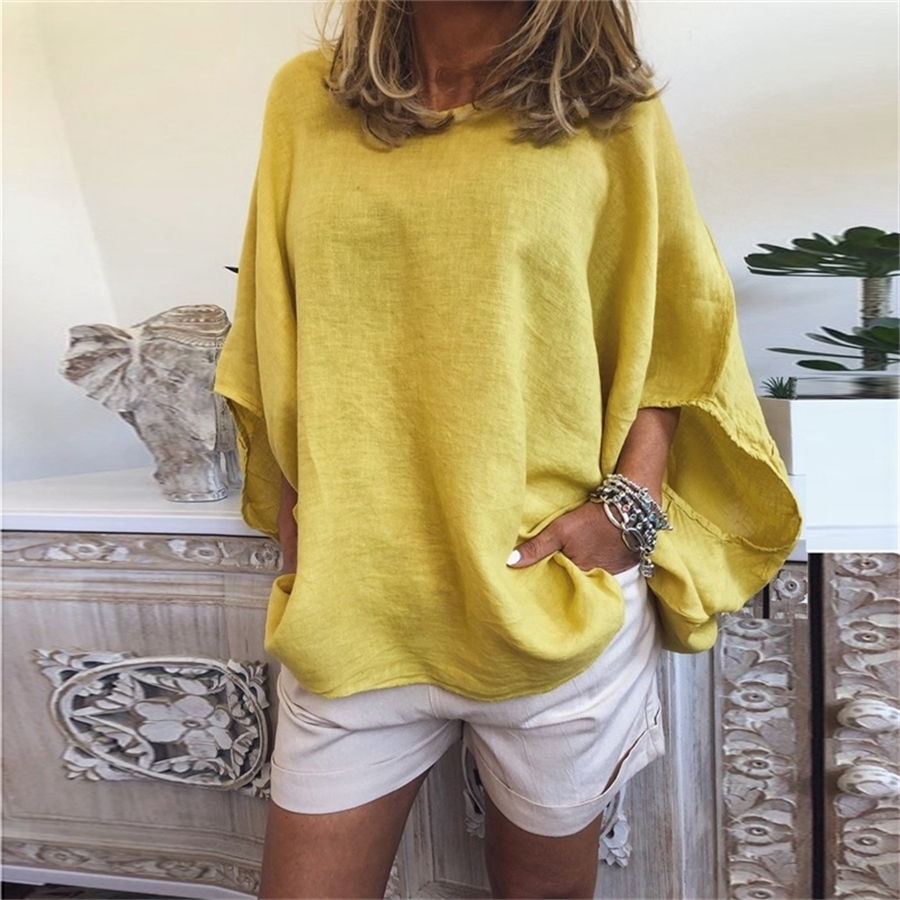

Summer Fashion Linen Lantern Sleeve Blouse Casual Ladies O-Neck Loose Tee Tops Female Women's Half Sleeve Shirt Blusas Pullover Y200828, White