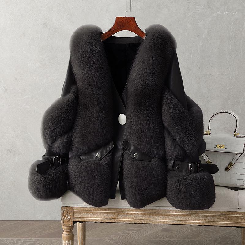 

2021 Women Autumn Winter Imitation Fur Coat Female Button V-neck Long Sleeve Short Jacket Lady Casual Spliced Outerwear E2691, Dark grey