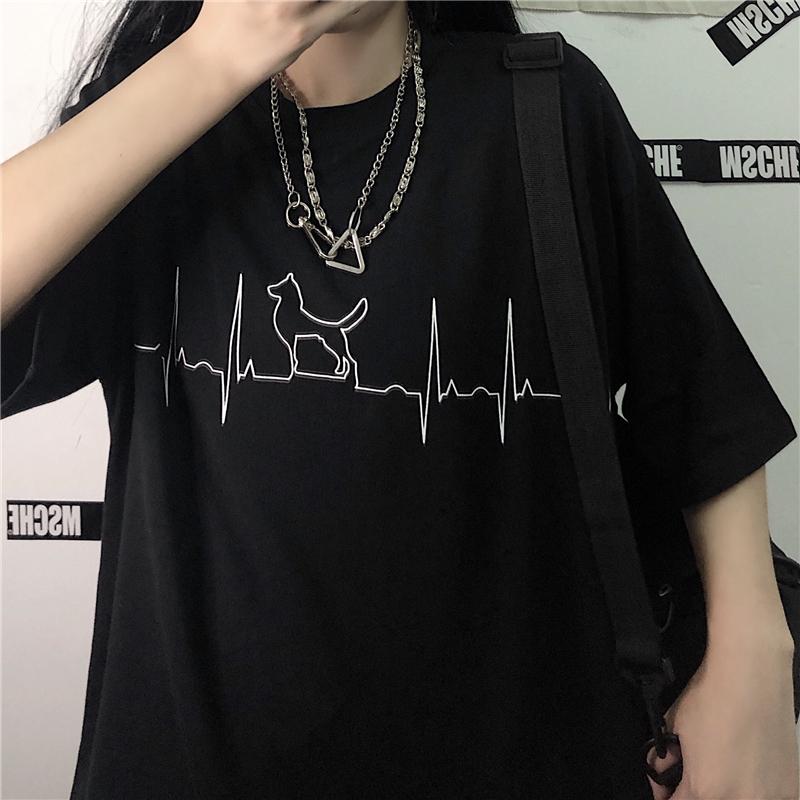

Harajuku Punk Gothic Street Women Loose Dog and heartbeat Print Summer Short Sleeve Casual Vintage Large size black tops, 01bai
