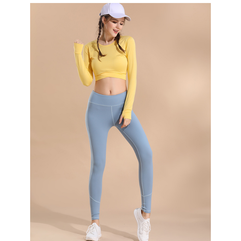 

Women's leisure sports clothes breathable quick drying open navel fitness clothes tight body running Yoga long sleeve, Yellow