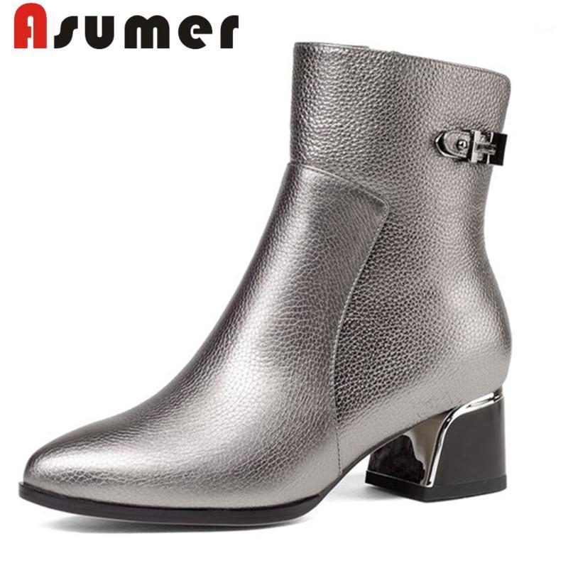 

ASUMER 2020 NEW fashion solid ankle boots for women metal decoration classic winter boots pointed toe sexy genuine leather1, Black with fur