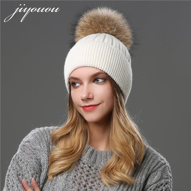 

JIYOUOU 2020 pom pom raccoon fur ball hat Solid color Cap winter beanie fur wool hat gorro feminino inverno touca Hats for girls, 08b