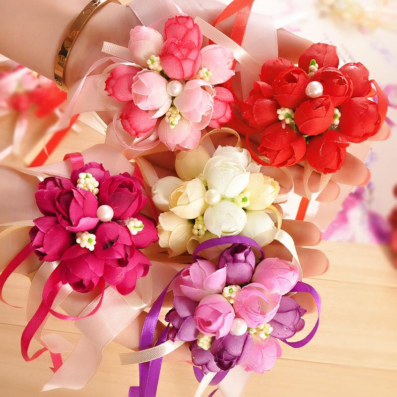 

Hot sale 1pc Wrist Flower Rose Silk Ribbon Bride Corsage Hand Decorative Wristband Bracelet Bridesmaid Curtain Band Clip Bouquet, Red