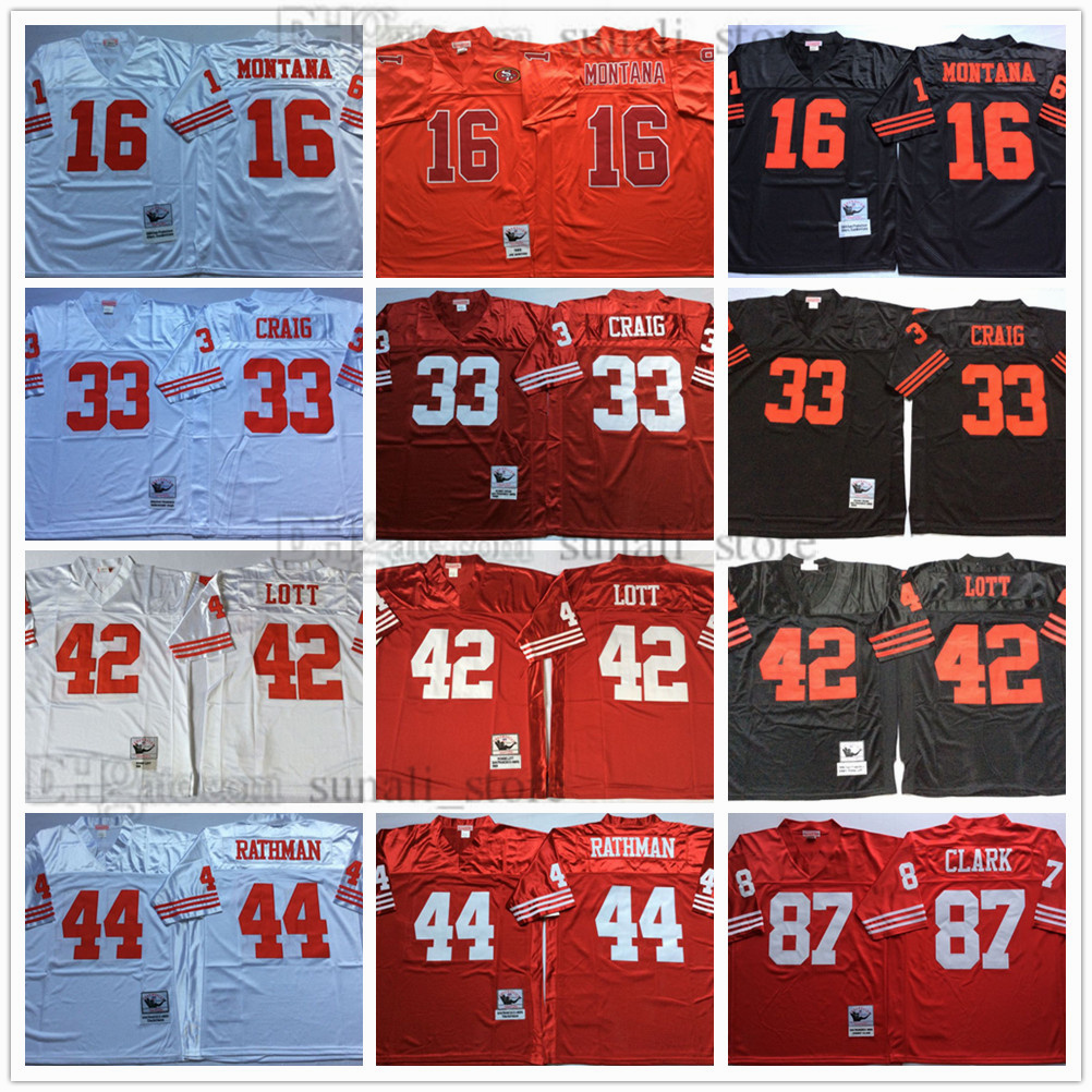 

NCAA Football 16 Joe Montana Jerseys 33 Roger Craig 44 Tom Rathman 87 Dwight Clark 42 Ronnie Lott Team Red Black White Men Vintage All Stitched