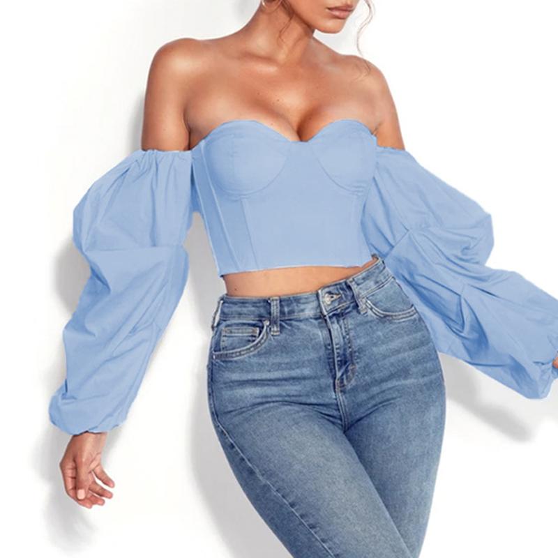 

Sexy Bustier Crop Top Women Corset Tops Ladies Chic Off Soulder Iirregularity Sleeve Strapless Backless Cropped Underwear MT4555, Blue