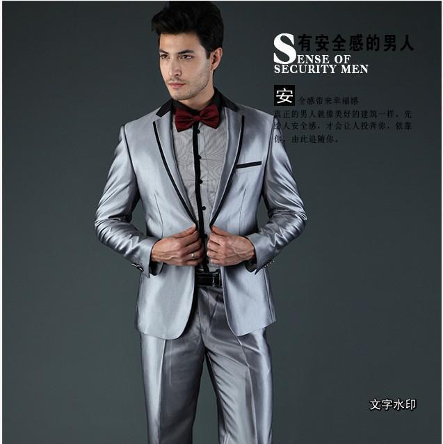 

2020 Latest Coat Pant Design Sliver Grey Satin Men Suit Prom Jacket Stage Blazer Slim Fit Custom 2 Piece Groom Tuxedo Masculino, Same as image