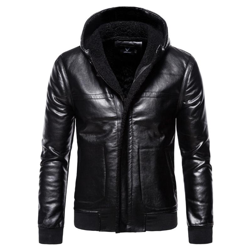 

2020 Winter New High Quality Men's Solid-color Hooded Motorcycle Slim-fitting Thickened Fleece Warm Men's Leather Jacket, Black