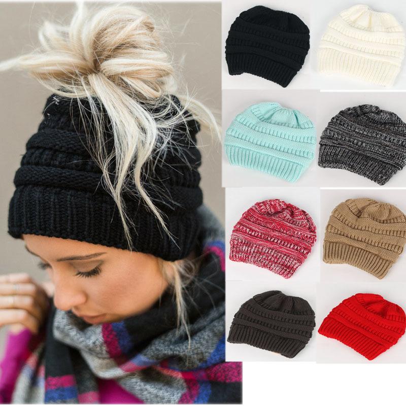 

Solid Color Knitted Warm Hat with Hole Top For Tie Hair Women Winter All-Matched Rib Beanie Cap  Adult, Black