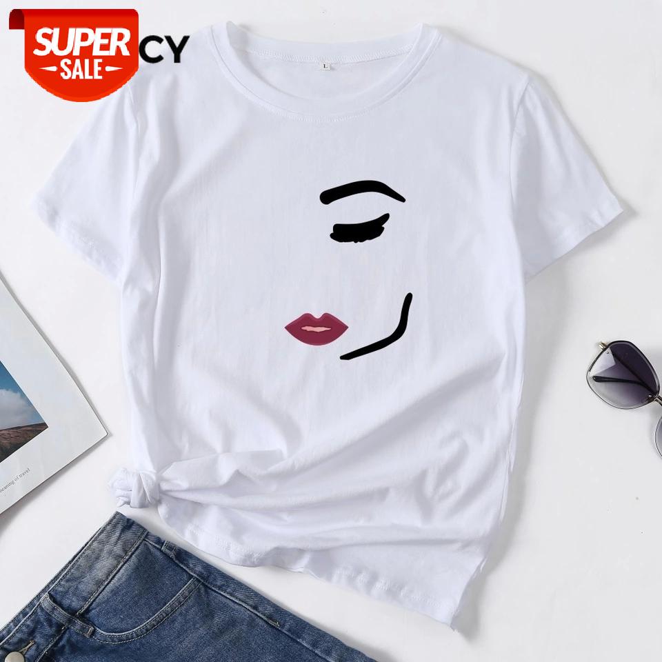 

JFUNCY Plus Size Spring Summer Women Cotton T-shirt Harajuku Abstract Face Graphic Shirts Short Sleeve Female Tops Lady Tshirt #jf1X, White