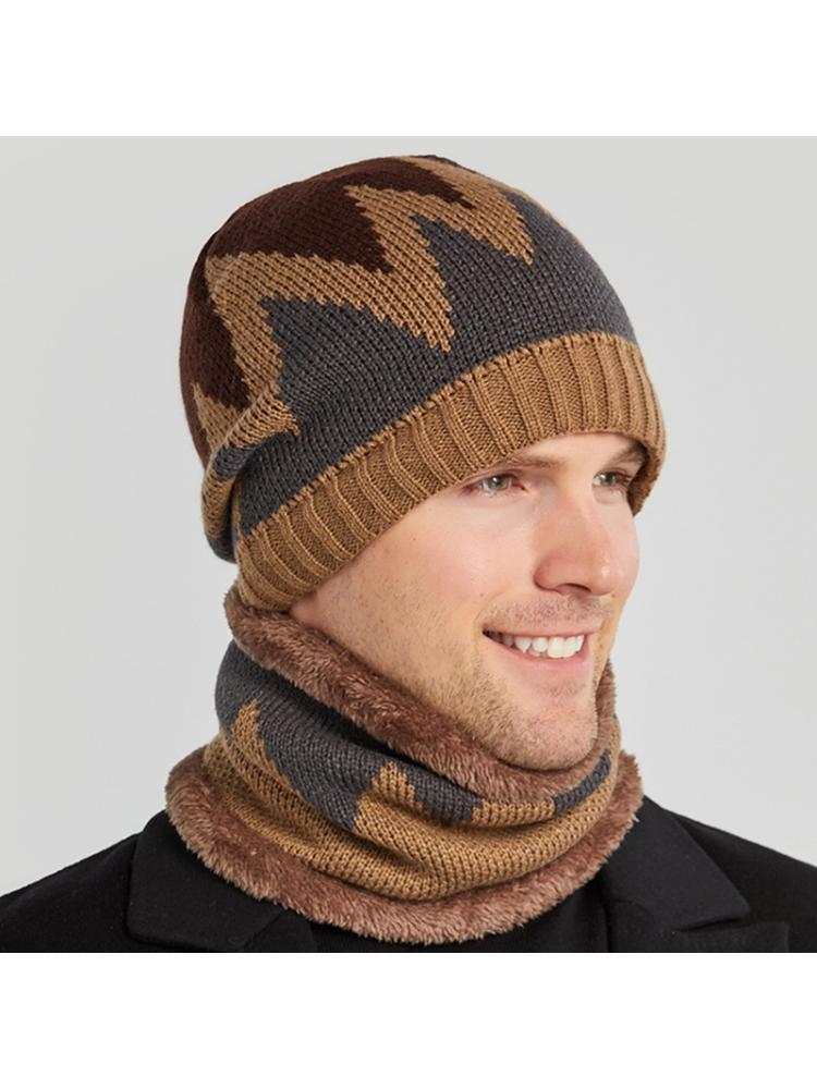 

2Pcs Men Winter Flame Knitted Beanie Hat Scarf Set Cycling Plush Lined Skull Cap X7XC