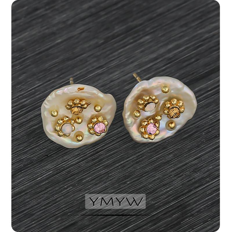 

YMYW 2020 Luxury Chic Rhinestone Freshwater Pearls Stud Earrings Charm Copper Earrings for Women Party Bijoux En Argent 925