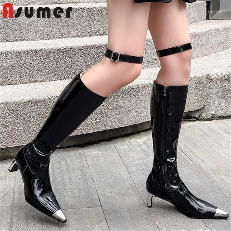 

ASUMER 2020 new fashion style knee high boots women genuine leather shoes metal toe stiletto high heels cool long boots woman1, Black patent leather