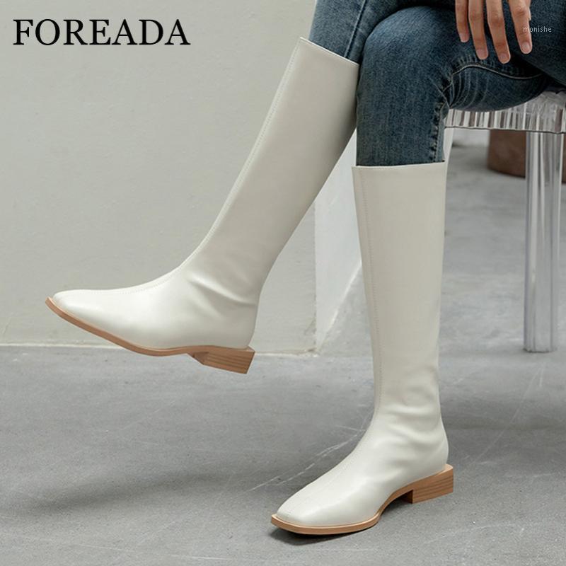 

FOREADA Real Leather Med Heel Riding Boots Woman Square Toe Knee High Boots Zip Thick Heel Long Ladies Shoes White Size 401, White velvet lining