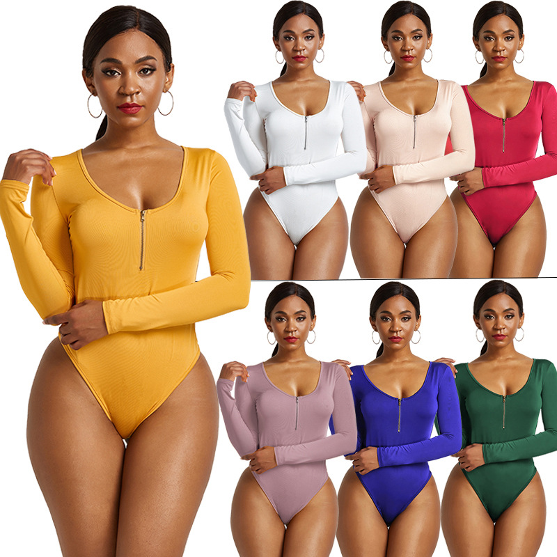 

Zipper V Neck Bodysuit Solid Long Sleeve White Sexy Bodysuit Women Black Autumn Winter Body Top Khaki Casual Lady Streetwear Bodysuits, Light apricot