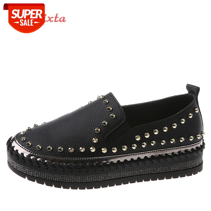 

Aphixta 2021 Leather Shoes Women Flats Luxury Rivets Hand Stitching Sping Crystals Slip-on Platform Footwear Plus Big Size 42 43 #xF3X, Beige